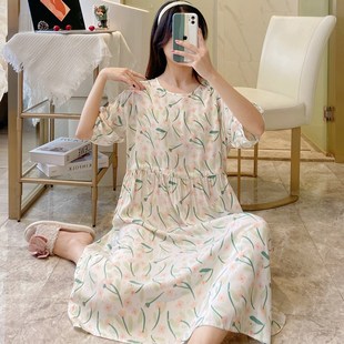 连衣裙大码 夏季 绵绸睡衣女款 短袖 夏天可外穿 甜美圆领棉绸睡裙夏款