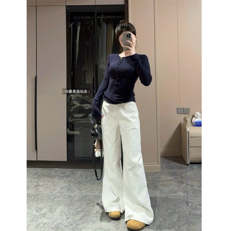 白色阔腿牛仔裤女秋冬新款175高个子高腰宽松显瘦直筒加长版长裤