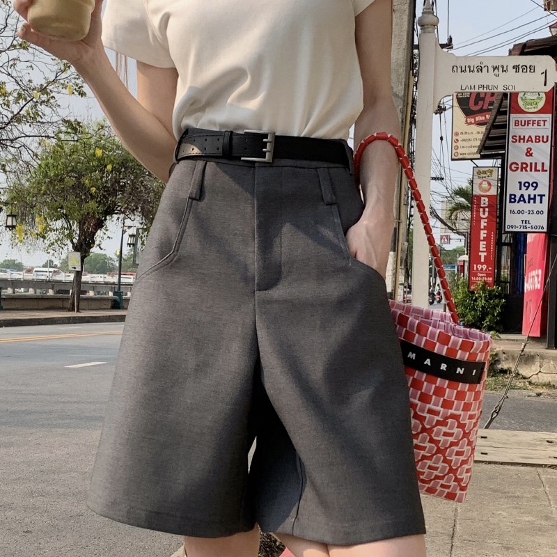 胖mm灰色西装短裤女夏直筒垂感休闲五分半裤大码气质宽松阔腿中裤