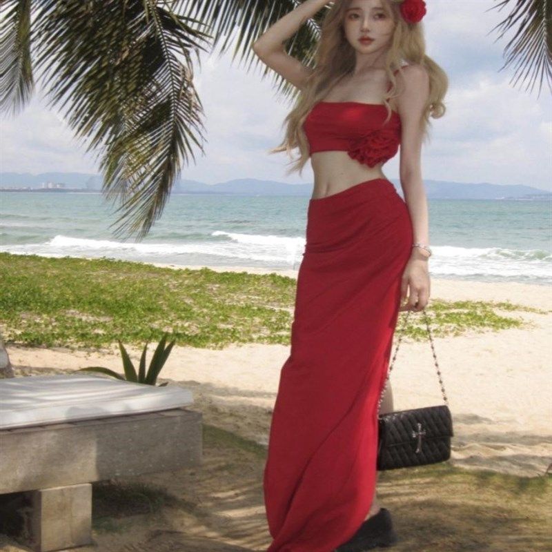 海边旅行拍照穿搭套装长裙红色短款露脐吊带背心鱼尾连衣裙两件套