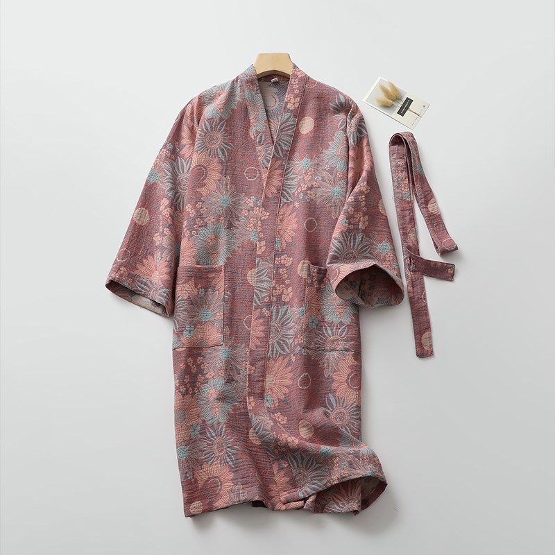 复古清新睡袍女纯棉纱布色织提花汗蒸浴袍七分袖开衫家居睡裙晨袍,女士内衣/男士内衣/家居服,睡袍/浴袍,淘宝优惠券,粉丝福利购,淘宝优惠卷