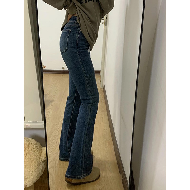 复古蓝微喇弹力牛仔裤女秋冬加绒高腰大码胖mm巨显瘦裤子梨型身材