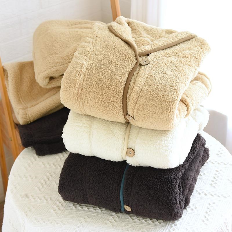 法兰绒情侣睡衣女士秋冬季加绒加厚珊瑚绒长袖开衫套装保暖家居服