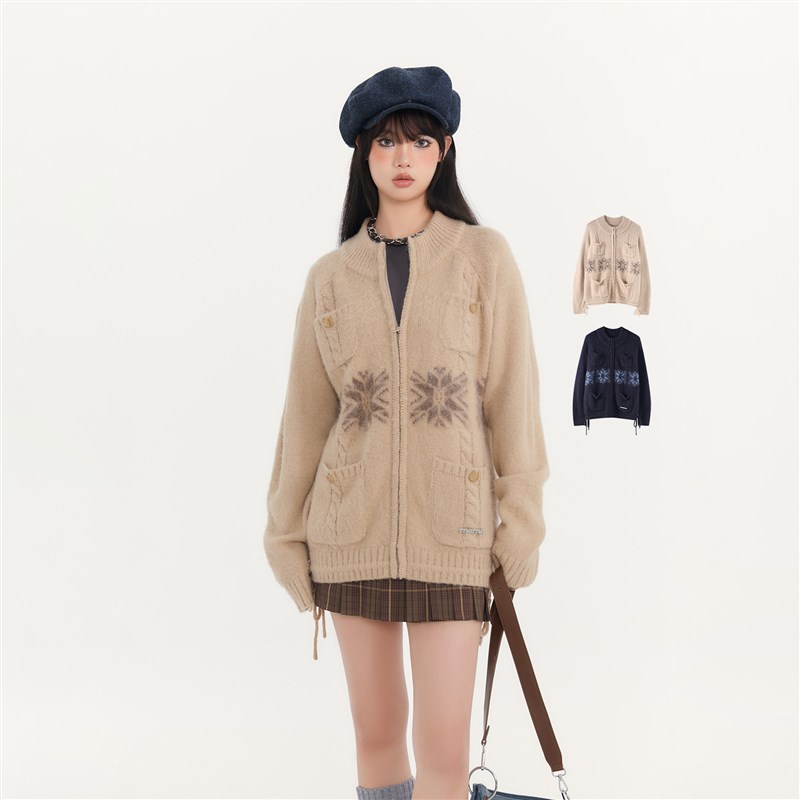 FPMZ 复古费尔岛雪花纹开衫毛衣外套百搭口袋百搭外穿上衣针织衫