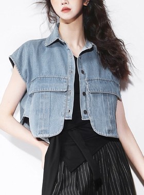 R72欧美风弧形开叉下摆设计感高腰短款宽松大口袋牛仔衬衫马夹