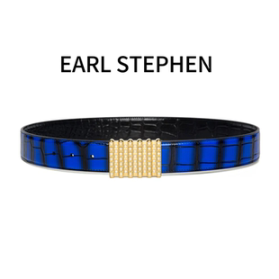 3.8宽史蒂芬满天星镶砖算盘扣双面鳄鱼皮克莱茵蓝手工擦色腰带