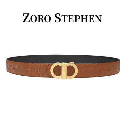 ZORO STEPHEN2026男士8字扣真牛皮双面荔枝纹双面用真皮腰带镶钻