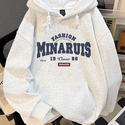 白灰色连帽重磅卫衣男生秋冬宽松慵懒风oversize加绒加厚纯棉外套