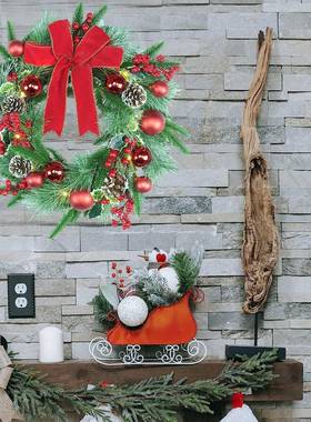 裕环齐真圣诞仿花门饰红色浆果蝴蝶SNB结发光花环节置日场景布道