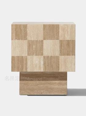 极简天然洞石理石格边几艺术客大厅桌QSB家用设计师床头小方方桌