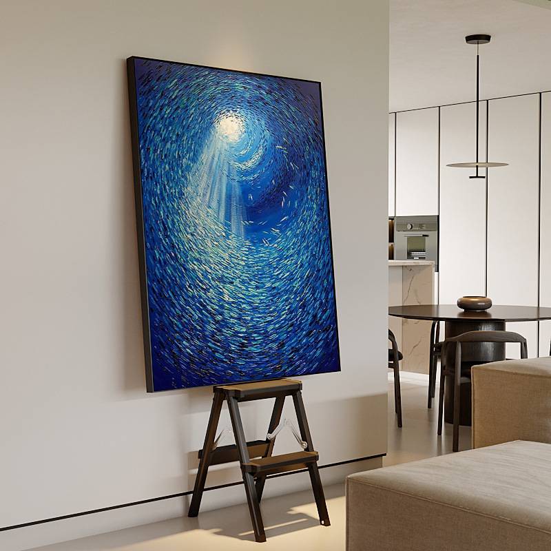 深海鱼群克莱因蓝手绘油画抽象小众肌理画客厅卧室玄关装饰画图片