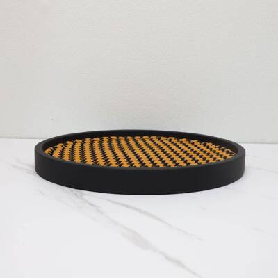 新中式复古编制圆0730形装饰盘客皮革厅电视件柜卧室桌面书房摆工