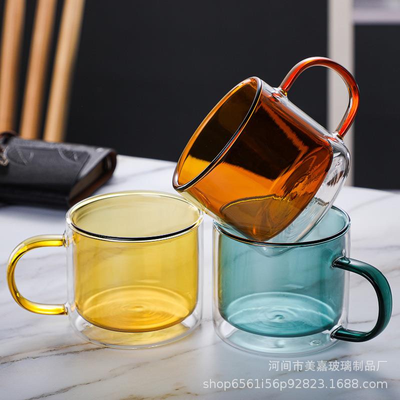双层玻璃水杯彩色透明马克杯带把手咖啡杯喝水杯子茶杯