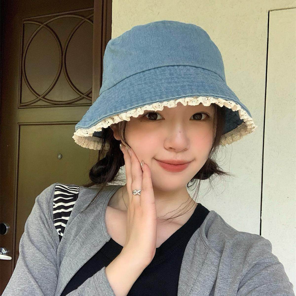 春天帽子女水洗蕾丝边牛仔防晒帽