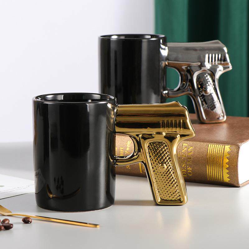 创意陶瓷杯金银色手枪杯枪把马克杯个性水杯咖啡杯3D造型杯色釉杯