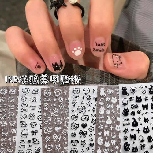 ins风网美甲贴纸红同款黑