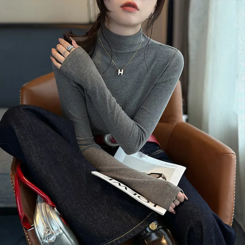 2025女装修身早秋长袖女打底衫内搭半高领t恤新款蓝色上衣莫代尔