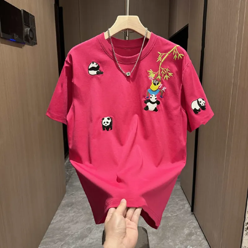 新款重刺绣变色夏季T恤同款短袖立体男女卡通高克男熊猫光感重工