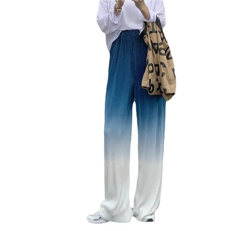 百褶阔腿裤新款休闲女宽松夏季垂直感显瘦高腰直通网红裤子渐变色