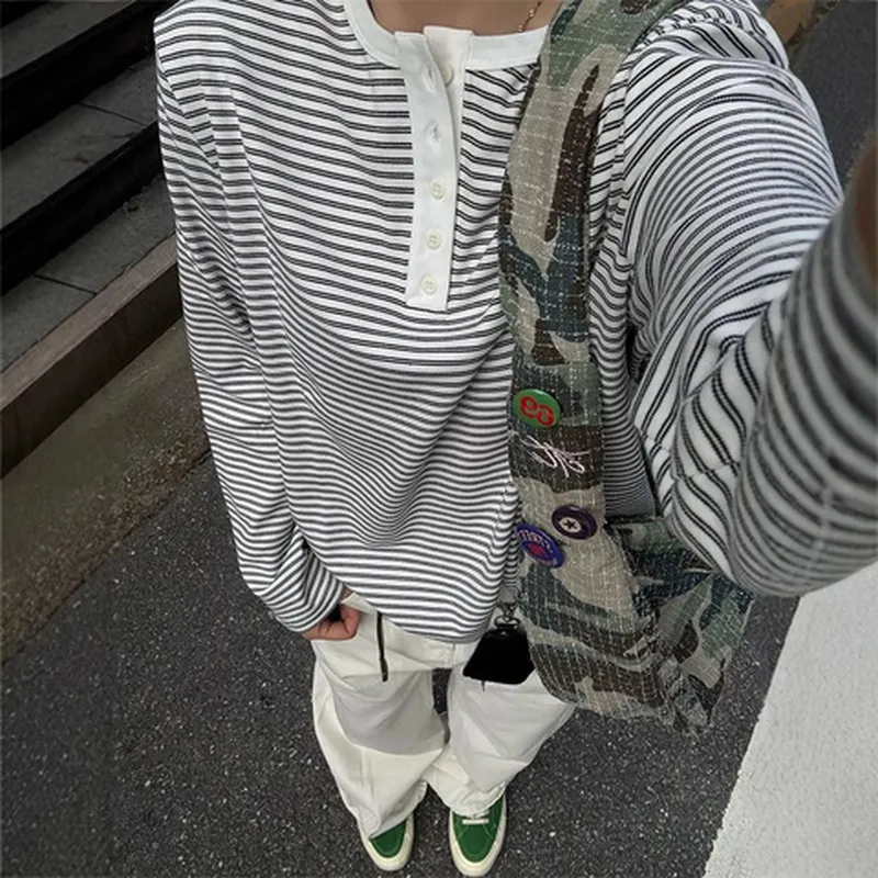 正打底衫长袖复古美式男款内搭T恤肩上衣通勤白色基础条纹亨利领