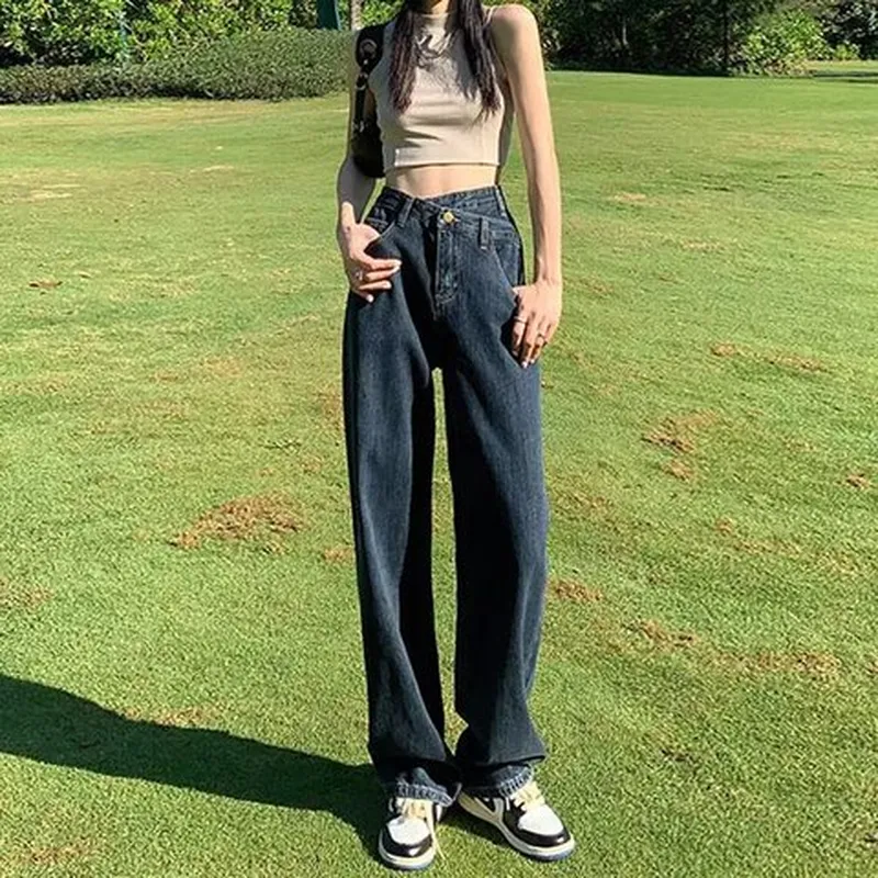 显瘦春秋季阔腿美式新款女牛仔裤黑灰色2024高腰百搭裤子韩版高街
