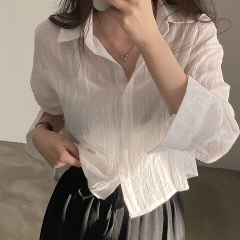 现货衬衫ins夏日冰淇淋皱皱宽松衬衣韩国防晒长袖色系