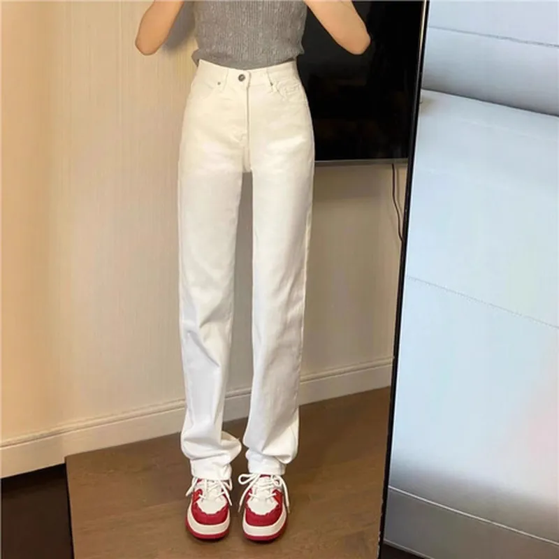2025年直筒春夏季长裤牛仔裤新款拖地高腰烟管窄版女显瘦白色修身