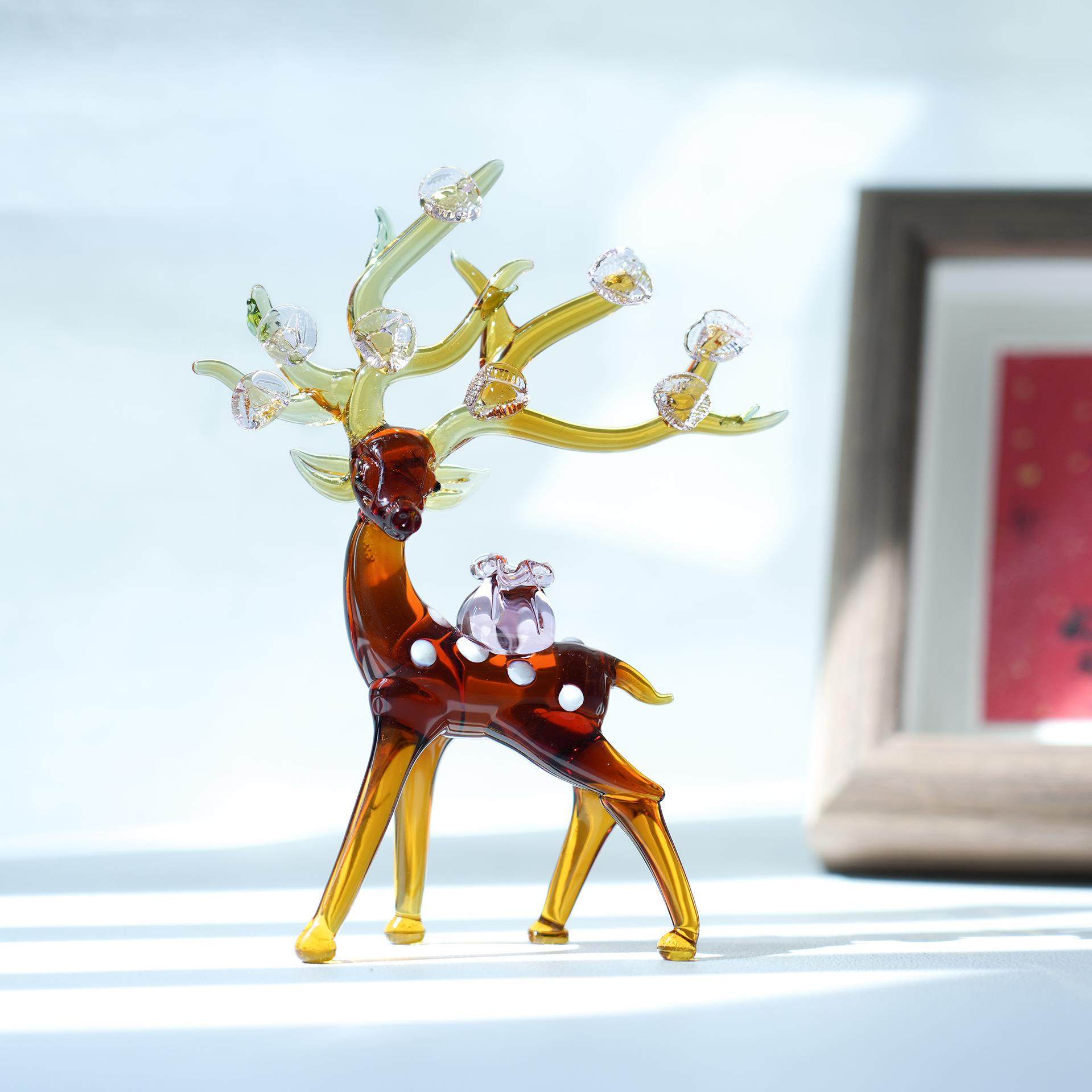 淄博琉璃手工艺品招财梅花鹿桌面摆件一路有钱家居办公书桌装饰品