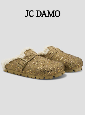 JCDAMO加绒拖鞋复古勃肯鞋女冬2025新款一脚蹬豆豆鞋毛毛保暖雪地