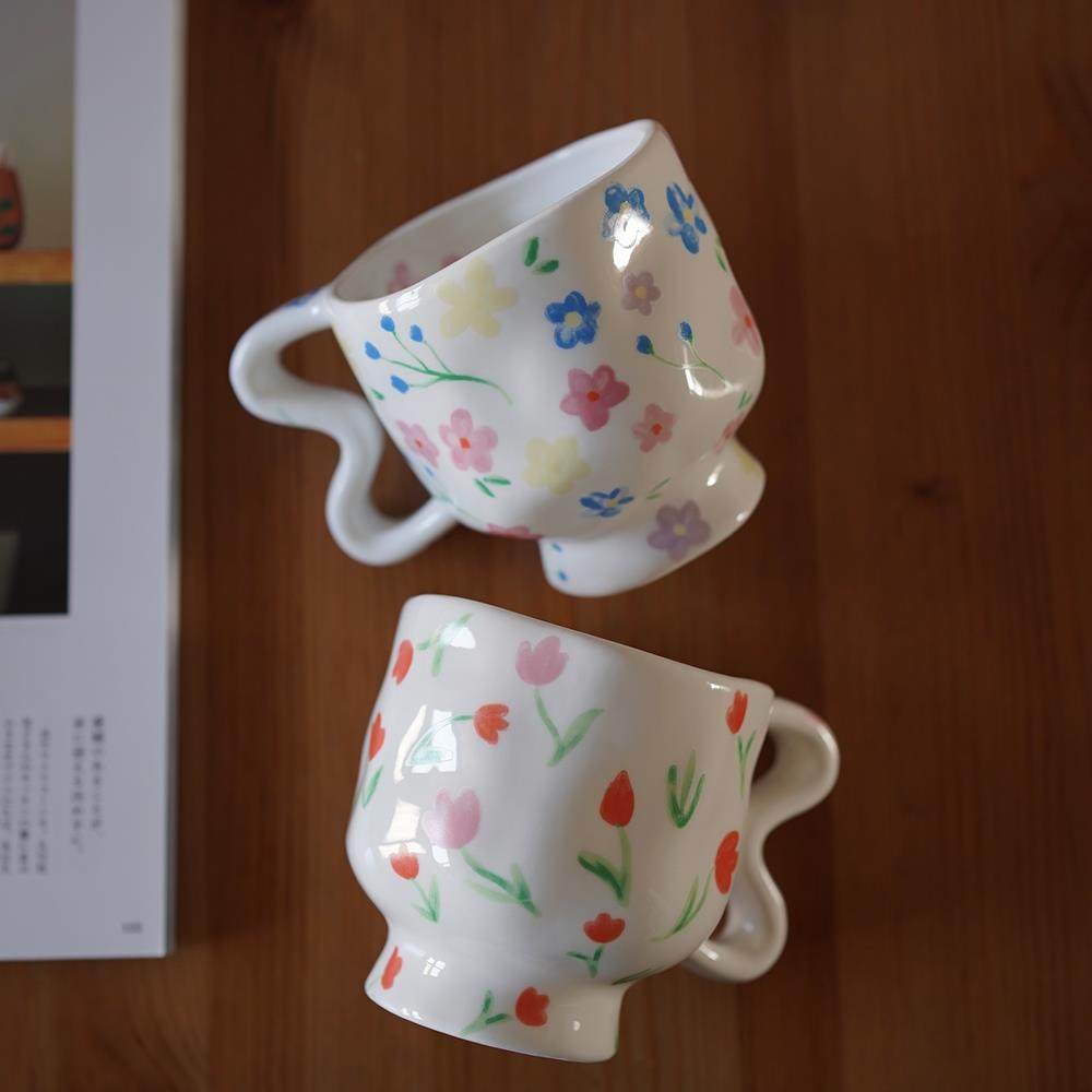 早上好商店 咖啡杯上的花园陶瓷马克杯手捏咖啡杯燕麦早餐杯320ml