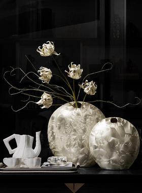 陶瓷珠光扁花瓶轻奢高级感小众样板间客厅酒柜装饰品餐桌摆件高档