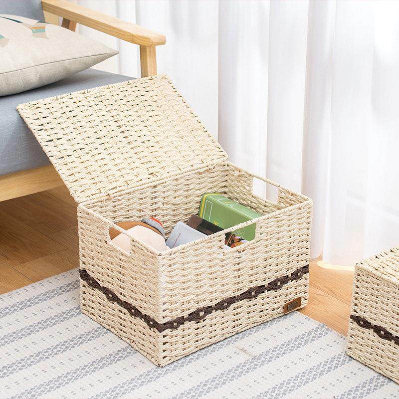 桌面收纳筐有盖布艺整理箱草编零食玩具收纳箱藤编杂物盒储物篮子,收纳整理,收纳箱,淘宝优惠券,粉丝福利购,淘宝优惠卷