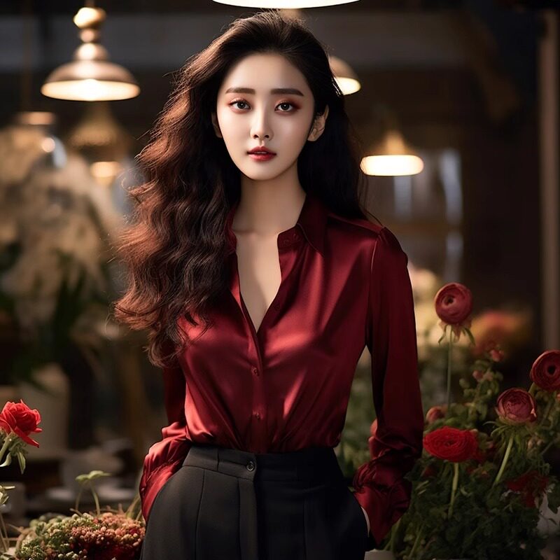 欧货时尚洋气红色醋酸仿真丝衬衫女优雅通勤气质宽松长袖缎面衬衣