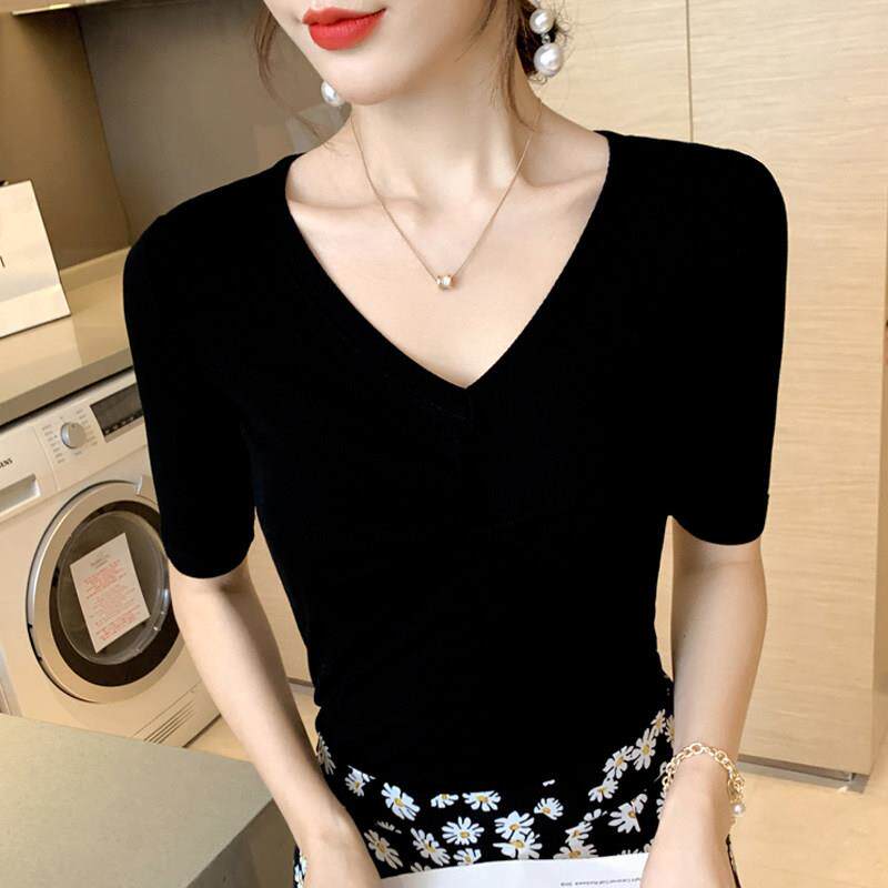 黑色V领T恤女短袖春秋修身显瘦莫代尔打底衫气质百搭锁骨中袖上衣