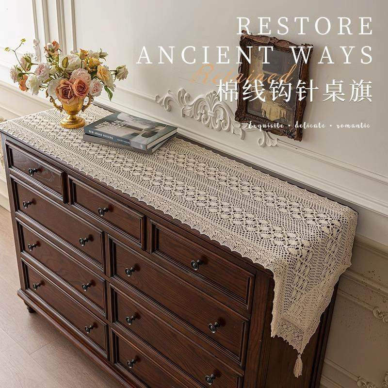 复古餐桌桌旗蕾丝桌布茶几台布餐边柜电视柜长条盖布流苏装饰亚麻