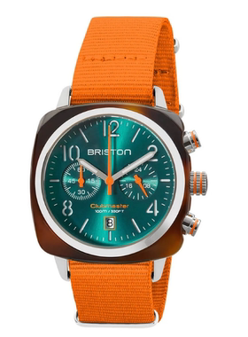 BRISTON 法国进口 Clubmaster Classic 橘黄表带玳瑁蓝绿盘手表