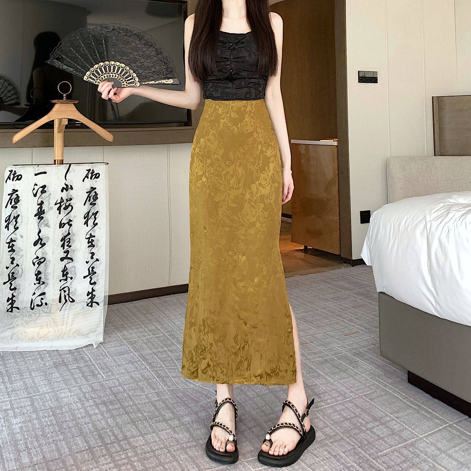 新中式缎面复古半身裙女夏季高腰中长款直筒裙国风提花开叉包臀裙