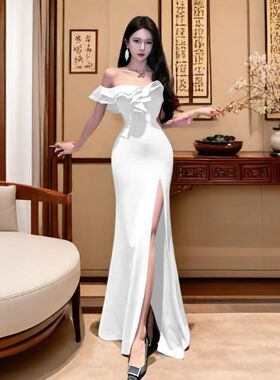 晚礼服白色长款性感一字连衣裙长裙荷叶气质名媛修身开叉修身礼服