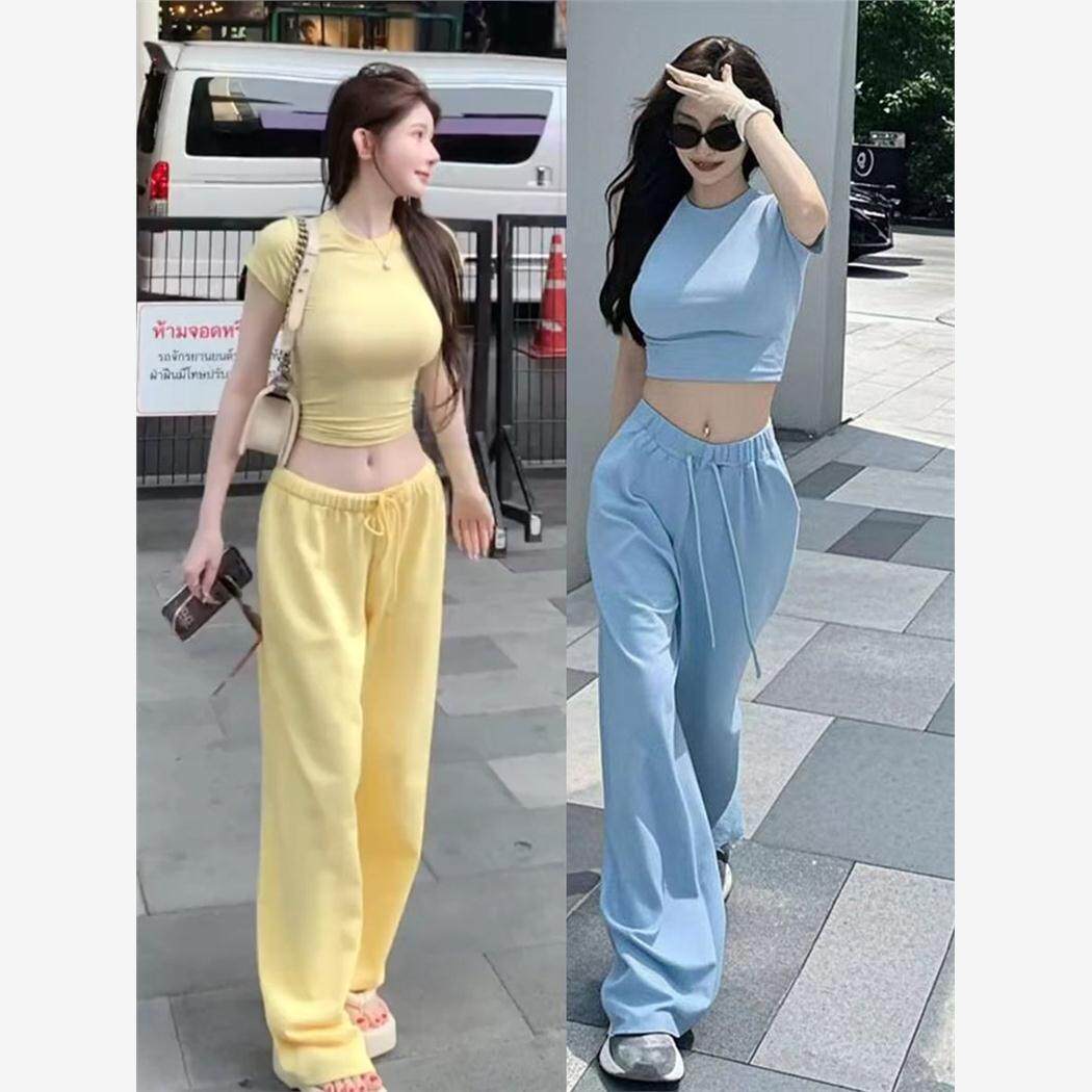 时尚休闲运动套装女夏季辣妹修身短款圆领短袖T恤阔腿长裤两件套