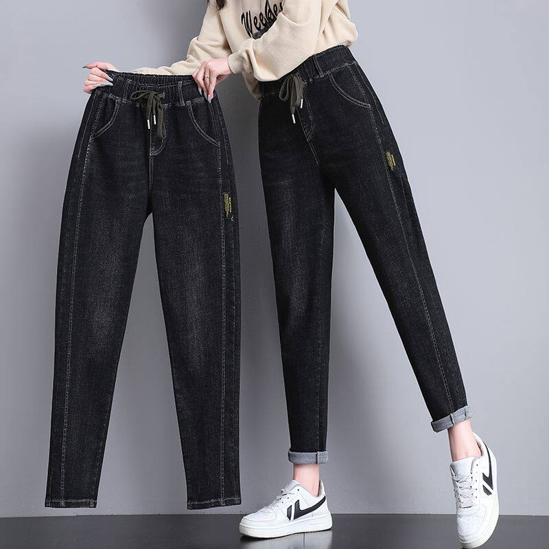 高腰哈伦牛仔裤女2024年春夏新款抽绳松紧腰显瘦萝卜裤休闲老爹裤