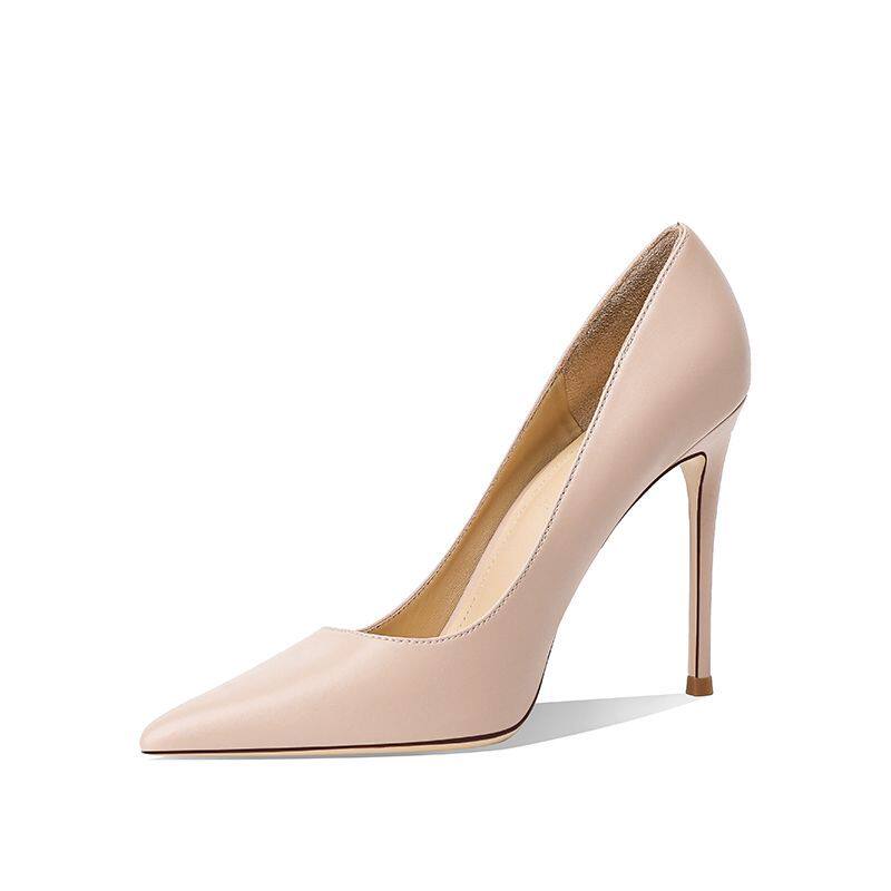 裸色真皮高跟鞋女细跟2025年春秋新款气质尖头黑色工作鞋职业单鞋