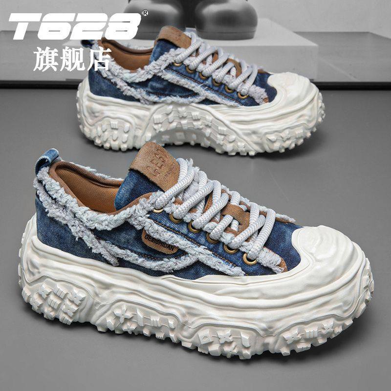 T628男鞋2025夏季透气新款复古做旧牛仔老爹鞋男款厚底增高帆布鞋,流行男鞋,老爹鞋,淘宝优惠券,粉丝福利购,淘宝优惠卷