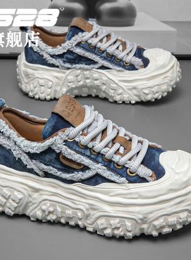 T628男鞋2025夏季透气新款复古做旧牛仔老爹鞋男款厚底增高帆布鞋
