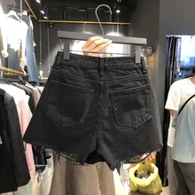黑色热裤子毛边流苏高腰阔腿宽松ins女牛仔短裤辣妹破洞夏季新款