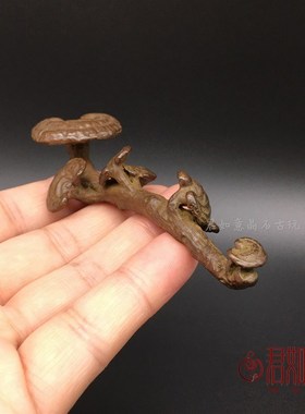 小铜件 实心铜灵芝笔架摆件 带柄长寿寓意小灵芝铜把件