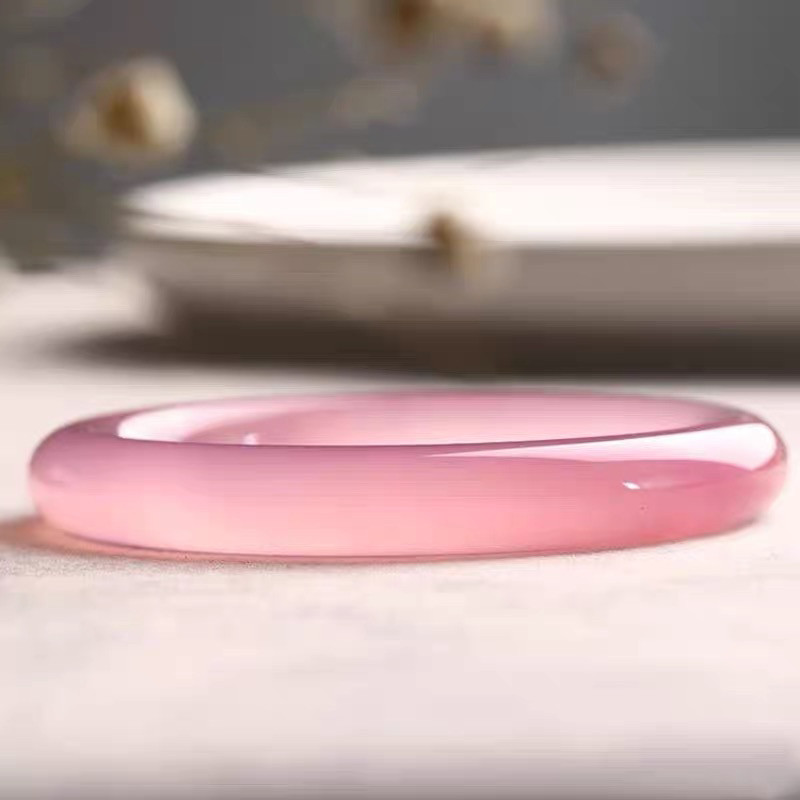 天然冰种粉紫色高冰玛瑙玉髓手镯女款百搭玉石手镯保真玛瑙礼盒装