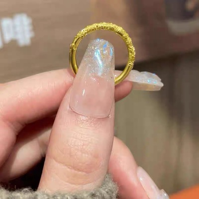 古法黄金戒指女紫荆花浮雕繁花似锦素圈指环小红书同款2025新款潮