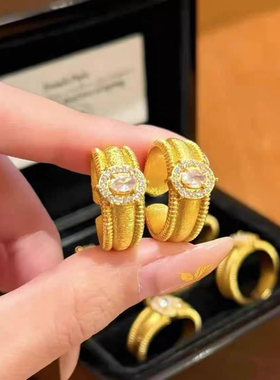 轻奢中古vintage闪钻宽版拉丝排珠戒指复古百搭开口可调节指环