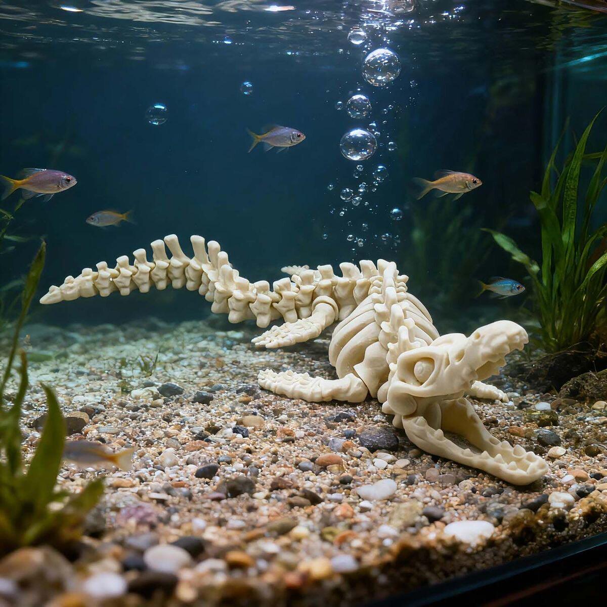 小鱼缸造景动物摆件装饰品仿真鳄鱼骨架霸王龙恐龙模型水族箱玩具