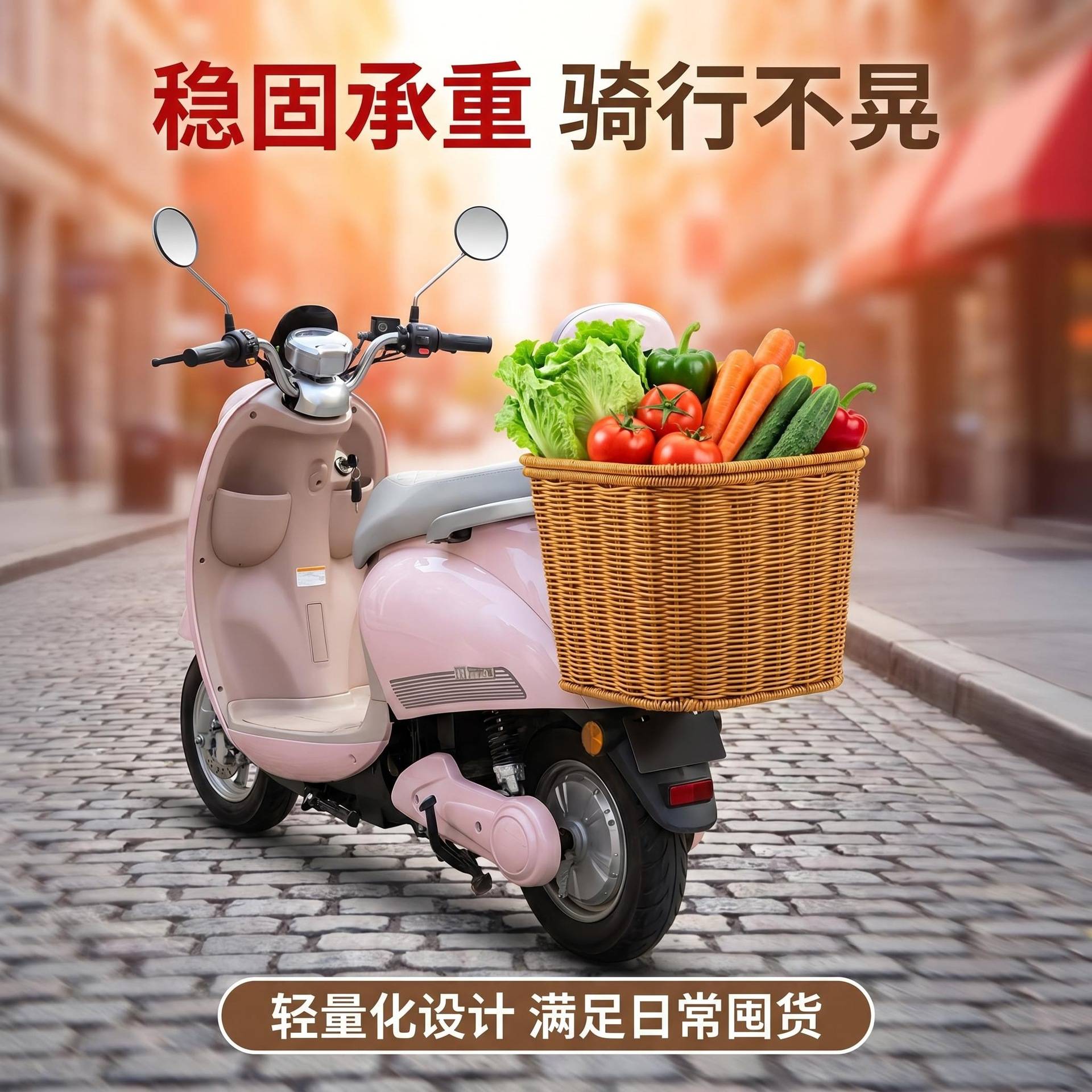 电动车后置仿藤编带盖车筐 通用电瓶车后座置物篮买菜收纳筐复古
